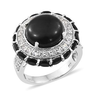 Shungite, Black Spinel,  white Zircon ring SZ 7 SS